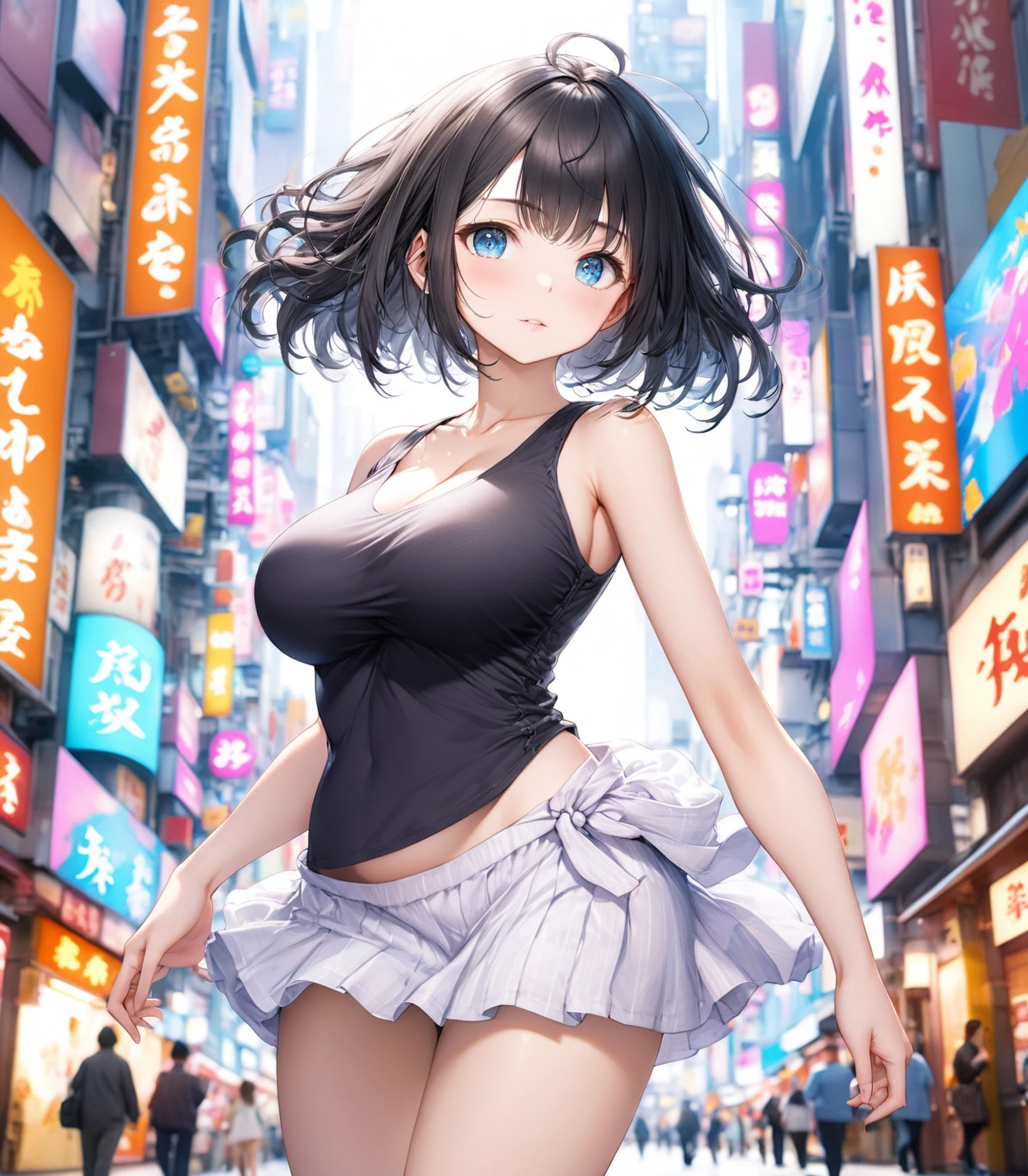 (Highest quality,8k,32K,masterpiece,Ultra-high resolution :1.2 ),born,One girl,Super cute,Natural light,Clear, shining eyes,20-year-old,Fair skin,A fantasy background of a Japanese Shibuya-esque electronic world,Black Hair,Tank top,Large Breasts,Walking,I'm stretching,one's home,