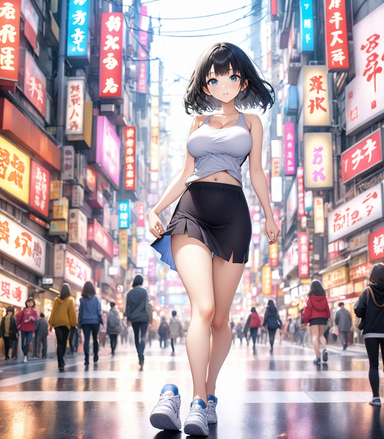 (Highest quality,8k,32K,masterpiece,Ultra-high resolution :1.2 ),born,One girl,Super cute,Natural light,Clear, shining eyes,20-year-old,Fair skin,A fantasy background of a Japanese Shibuya-esque electronic world,Black Hair,Tank top,Large Breasts,Walking,I'm stretching,one's home,
