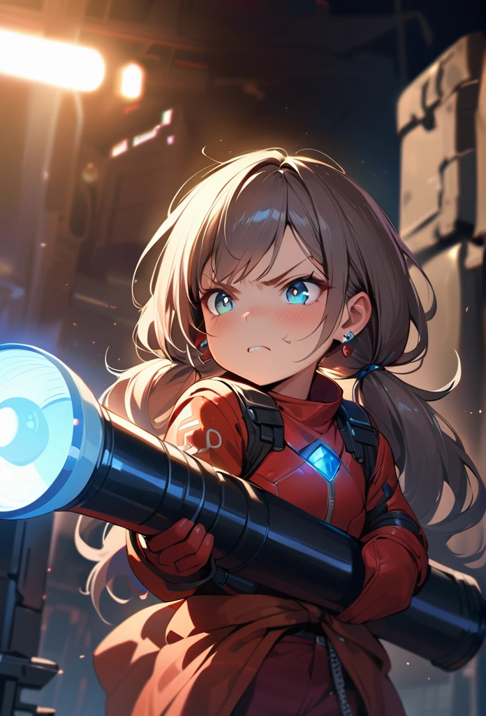 masterpiece, Highest quality, (((Ruined battlefield)))、(((Angry Face)))、Raising awareness, Large firearms, プラチナEarrings, Platinum Necklace, Bulu combat suit,Carrying a weapon, One Girl, cute, (Dynamic Lighting:1.2), Cinema Lighting, Delicate facial features, Detailed eyes, Sharp pupils, Realistic student, Written boundary depth, ボケ Written boundary depth, Sharp focus, (Very detailed, bloom, Shine:1.4), Lots of little gems, (((long_hair))),　Twin tails、Earrings、分けた前hair、銀hair、whole body、Ultra close-up footage、The top is transparent up to the chest.、See-through design。The bottoms are a very short navy blue pleated skirt.、Fits snugly around the waist。The background is simple white.、this、The text is easier to see.。The light source is a soft light from the front....、The overall atmosphere is bright and clean....。