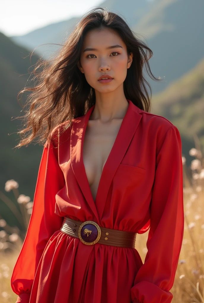 A confident and bold Japanese woman with a vibrant and energetic aura, wearing a modern, red outfit with subtle Aries symbolism. Her outfit should reflect dynamism and adventure, with a hint of elegance in an outdoor, adventurous setting