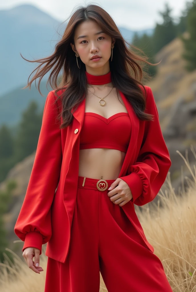 A confident and bold Japanese woman with a vibrant and energetic aura, wearing a modern, red outfit with subtle Aries symbolism. Her outfit should reflect dynamism and adventure, with a hint of elegance in an outdoor, adventurous setting