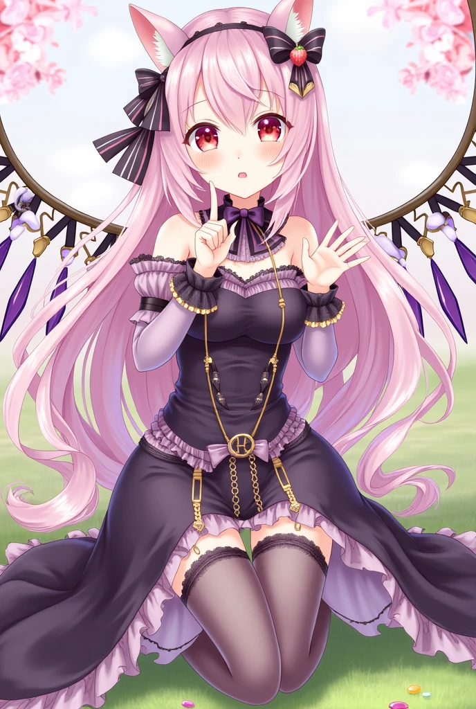 ( high quality , Very detailed, look at your hands )This character is繊細な特徴を持つ美しくデザインされたアニメのようなキャラクターです. She has been a long time, Pastel pink hair that flows down to her ankles, Bangs swept to the side. Her eyes are large and expressive, Pink Iris, Often seen on anime-style characters. She wears a fantasy-inspired outfit that combines purple and black colors with gold accents.。. This costume has、Comes with a fitted high collar bodice。, Frills, Lace details, Thigh-high stockings with ribbon. The character is adorned with ribbon-like accessories, Big ribbon in hair、Small ribbons on clothes. She has gold chains hanging from her waist and thighs.。. Her pose is playful, Raise one leg lightly、Put your finger to your lips, Connotating secrecy or silence. moreover, She has two exquisite wings, May be mechanical or magical in nature, Has multiple segments and a circular design near the base. This character is、The scene is depicted in vibrant colors with flowers blooming that match the color of her hair.。, Grass Spots, And jewels on the ground, Creates a whimsical and otherworldly atmosphere.She has a strawberry hair accessory