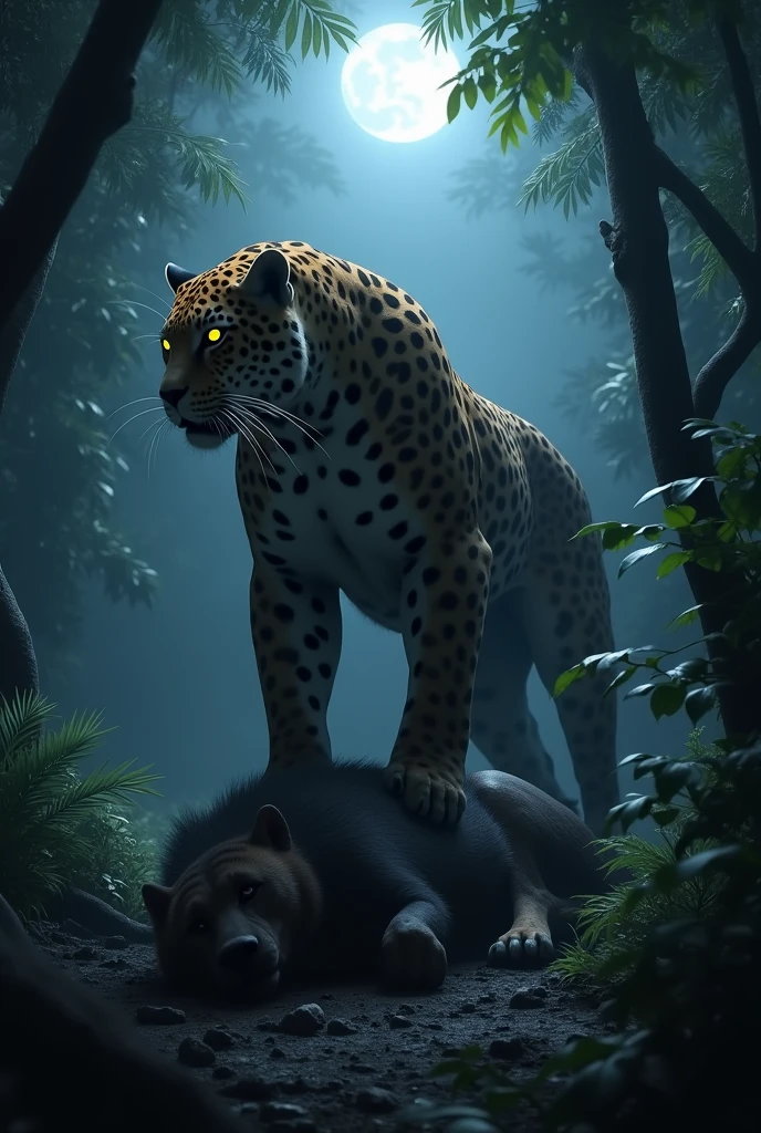 A majestic jaguar standing triumphantly over a defeated hyena in a dense, dark jungle. The jaguar's powerful muscles are highlighted under a beam of moonlight filtering through the canopy, with its piercing eyes glowing in the dark. The hyena lies on the ground, showing signs of defeat, surrounded by lush foliage. The scene is dramatic, with a misty atmosphere, capturing the intense moment of victory. The style is reminiscent of Midjourney, with detailed textures, high contrast, and a cinematic feel.The hyena lying on the ground
