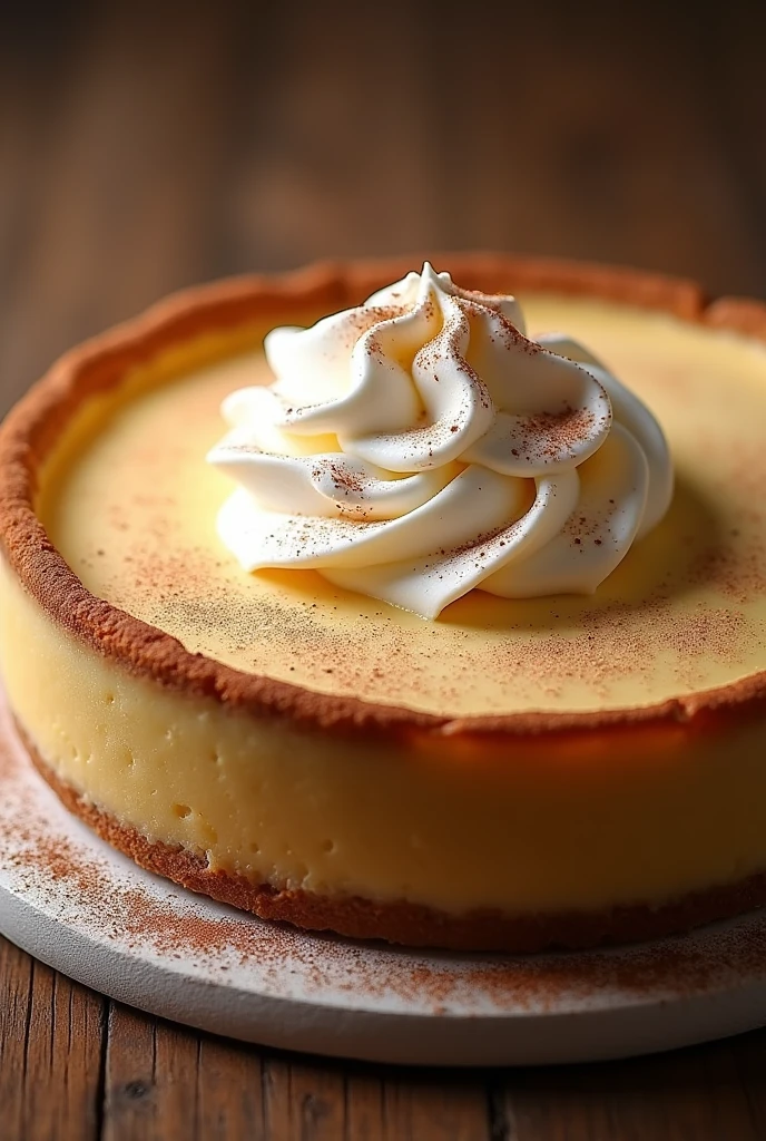 a delicious round banoffe pie with cinnamon crust, whipped cream, full shot, best angle, cinnamon, (best quality,4k,8k,highres,masterpiece:1.2),ultra-detailed,(realistic,photorealistic,photo-realistic:1.37),professional,vivid colors,studio lighting