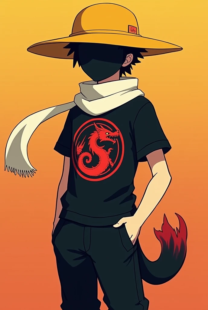 create an image of a faceless boy wearing a yellow hat ,black a shirt , with a red image of a dragon, black pants and a white katakuri scarf with kitsune tails but in a medium orange color with a gradient
