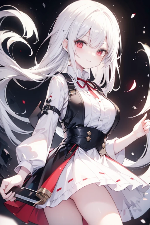 White-haired and red-eyed girl,big chest Mini black skirt, white shirt mysterious smile 