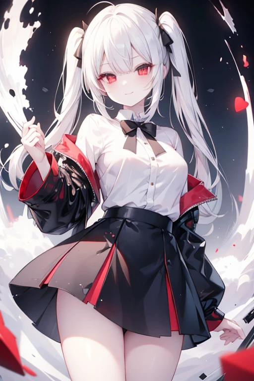 White-haired and red-eyed girl,big chest Mini black skirt, white shirt mysterious smile 