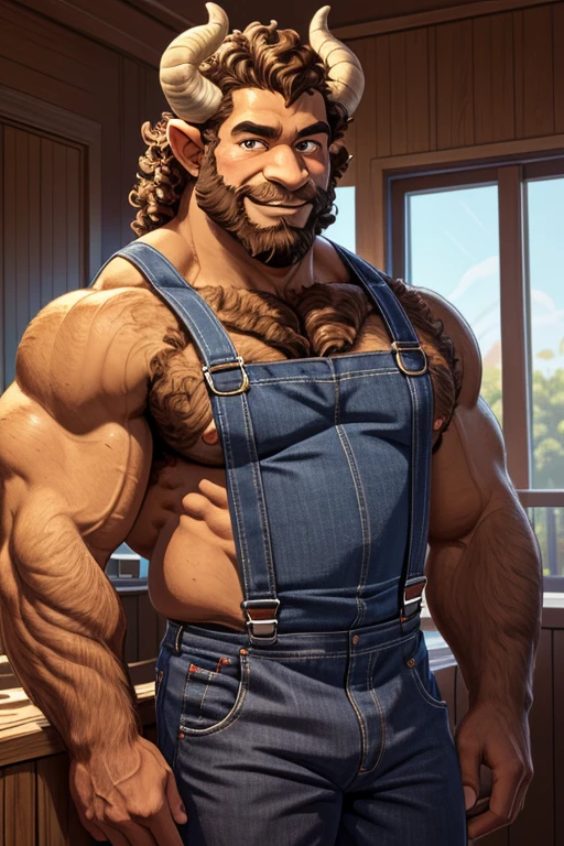 Simgle mature man, (male focus:1.2), muscular, gentle smile, sweet and caring expression (mature man:1.3), (muscular:1.3), big tusk, brown skin, (casual:1.4) balance, Straight shot, shirtless, suspenders, one single demon horn on the left side, beard on the chin, messy curled hair