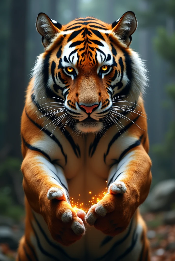 I want a tiger from the front, appearing from the navel to the head, extremely muscular with a magic circle on his back, very bright eyes as if they were lightning and with both hands forward and a little apart, as if power was coming out of his hands flowing like smoke.