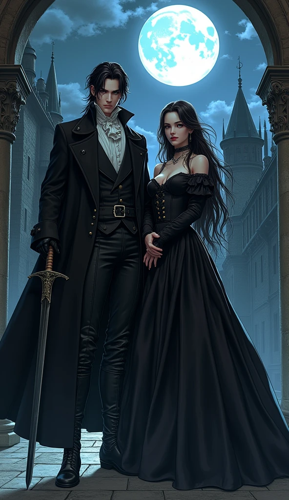 "A full-body illustration by Yoshitaka Amano inspired by 'Vampire Hunter D'. The male character D stands alongside a beautiful female character, both dressed in European aristocratic-style outfits. D wears a long black coat and a white shirt, exuding a mysterious aura with his slender long sword and elaborate black boots. The female character has long flowing hair, wearing a dark, elegant gown that complements D's attire. Her face is soft yet confident, with striking features and fair skin. Both characters are posed in front of an old castle under a moonlit night, their presence enhanced by the moonlight. The scene is beautifully shot with an EOS 5D digital SLR camera, capturing the intricate details of their outfits and the gothic atmosphere."
