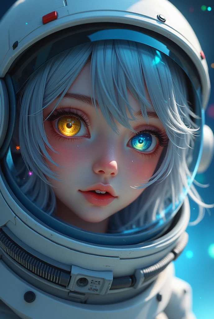 (full body of a better masterpiece:1.5)0.9], (sex and lust:1.2) (Messy silver hair:1.1) (Heterochromia xanthochromia and blue eyes:1.2) (Space Helmet:1.0) (Colored stars in the eyes:1.0) (A radiant glow:1.1) (thick lips:0.9) white girl, short hair, soft red lips, cute smile, full body