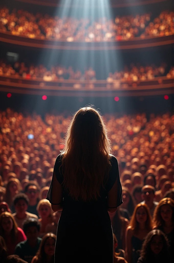 A person singing in a play in front of a large audience, The point of view is from behind the singer and you can see the entire audience amazed.