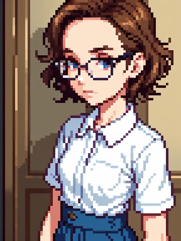 nsfw, (masterpiece:1.2, highest quality), (Realistic, photoRealistic:1.4), Beautiful illustrations, (Natural Side Lighting, Cinema Lighting), Written boundary depth, Beautiful thighs staring at the viewer, (((Face Focus, Upper Body))), 1 female, 30-year-old, alone, thin, slender, (small breasts), short Hair, Curly Hair, Forehead, Forehead, Forehead, Forehead, thin, slender, glasses, white shirt, denim skirt, Are standing, ((Close-up)), ((Close-up)), ((Close-up))