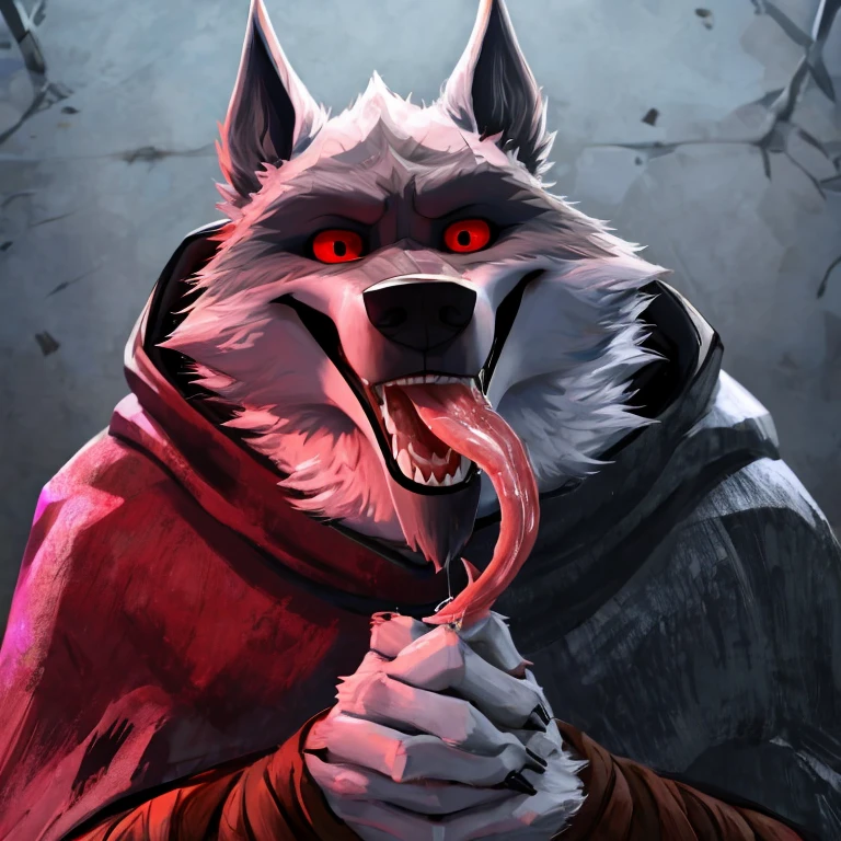 speech bubble background of text, sans serif font, speech bubble, Wolf, anthro, male, furry, nude, solo, selfie view, forest background, seductive smile, rubbing knotted cock, cock with knot, pre-cum, black fur, ruffled fur, beautiful background, perfectly detailed anatomy, nsfw, view of cock, masturbating, large bulge in dick, lots of cum, huge dick, sitting on fallen tree, cramp, bloody, blood in jaws, meat in mouth, perfectly detailed eyes, brown eyes, claw scar across chest, blood