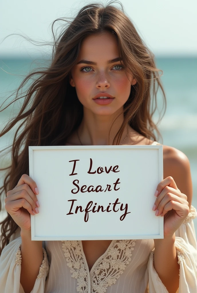 Beautiful girl with wavy long hair, bohemian dress, holding a white board with text "I Love Seaart Infinity" and showing it to the viewer