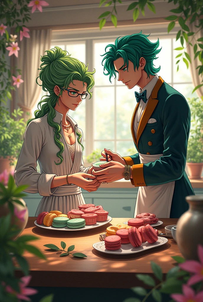Make Kakyoin from Jojo's Bizarre Adventure, baking macarons with Avdol from Jojo's