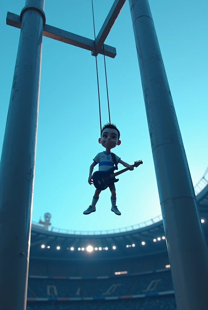 Create me an animated photo, Centenario stadium in Uruguay, one of the singers from Pearl Jam hanging from one of the football goals , The football goal has to be super high, and the colors of the image black and light blue The man hanging with a guitar Animated figure without specific features Wearing the Uruguay shirt Man caricature or shadow 