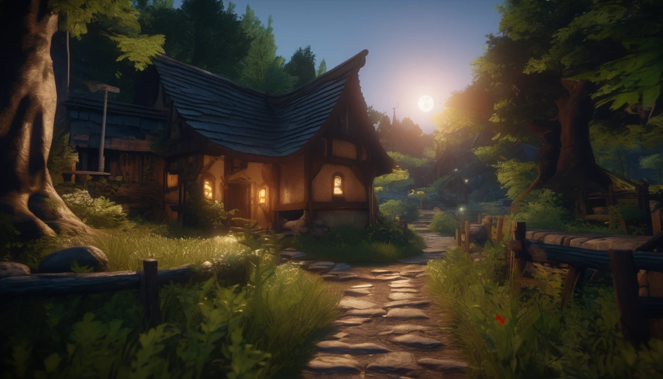 (anime, fantasy, medieval village), (best quality, highres, HDR:1.2), vibrant colors, detailed landscape, intricate, there is a small path in the middle of a forest, cinematic forest lighting, moonlit forest environment, 8 k. volumetric lighting. dark, game engine lighting, environment lighting, rendered in cryengine, fantasy forest environment, highly detailed environment, detailed textures and lighting, dark fantasy environment, detailed lighting and textures, detailed environment, beautiful and cinematic lighting