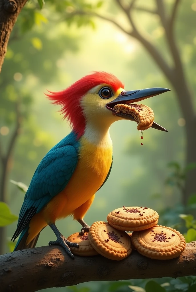 A woodpecker eating 7 cookies at the same time