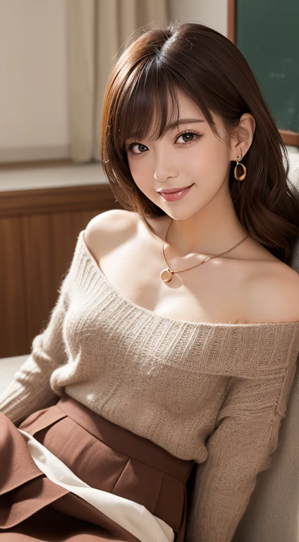 (Tabletop, Highest quality, High resolution, , Pixel perfect, 4K,), 1 girl, single, alone, Beautiful woman、I could see the whole body、 ((Wavy mid-hair, bangs, Brown Hair)), ((Brown eyes, Beautiful eyelashes, Realistic eyes)), ((Detailed face, blush:1.2)), ((Smooth texture:0.75, Realistic texture:0.65, Realistic:1.1, Anime CG style)), Medium chest, Dynamic Angle, Perfect body, ((, female teacher, , Earrings、necklace、Beige off-the-shoulder sweater、Long pleated skirt、Black knee-high stockings、Pink lace panties、A shy smile、Please lift up your skirt and show me your pants.)), Superior、、、evening、、Bring your arms together to emphasize your chest、necklaceを胸で挟む、(、()、Angle from below)、