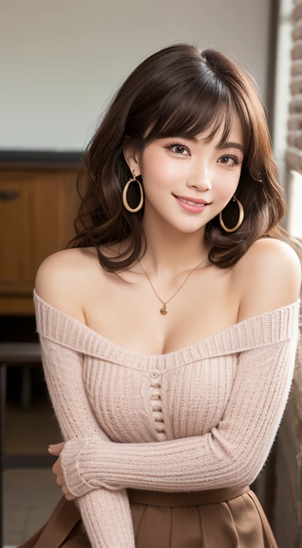 (Tabletop, Highest quality, High resolution, , Pixel perfect, 4K,), 1 girl, single, alone, Beautiful woman、I could see the whole body、 ((Wavy mid-hair, bangs, Brown Hair)), ((Brown eyes, Beautiful eyelashes, Realistic eyes)), ((Detailed face, blush:1.2)), ((Smooth texture:0.75, Realistic texture:0.65, Realistic:1.1, Anime CG style)), Medium chest, Dynamic Angle, Perfect body, ((, female teacher, , Earrings、necklace、Beige off-the-shoulder sweater、Long pleated skirt、Black knee-high stockings、Pink lace panties、A shy smile、Please lift up your skirt and show me your pants.)), Superior、、、evening、、Bring your arms together to emphasize your chest、necklaceを胸で挟む、(、()、Angle from below)、