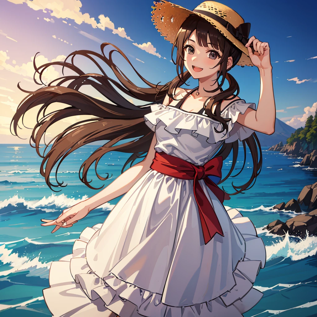 ((Highest quality,masterpiece)),(16K,Ultra-high resolution,Ultra-high resolution,Super detailed),high angle,from front,Okitazawa, a university student, looks straight at the viewer on a summer evening beach in Japan,pony tails,黒いoff shoulder dress,White long skirt,open mouth,((happy smile:1.3)),red cheek,Perfect Face, Perfect Eyes,cowboy shot,Anatomically correct body,straw hat,Detailed and perfect fingers