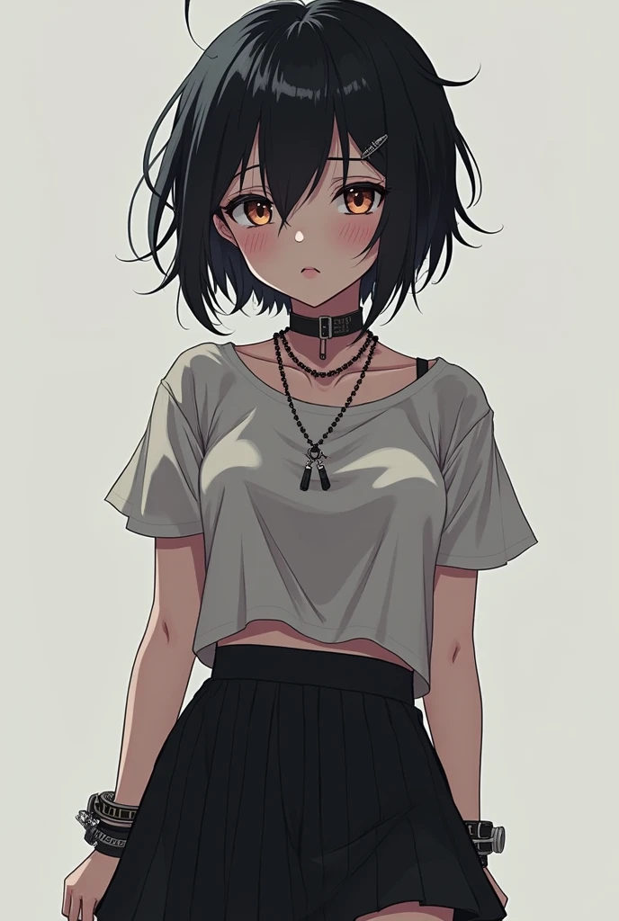 Emo female anime character ,short black hair,short skirt ,with blouse, with accessories,with short sleeves