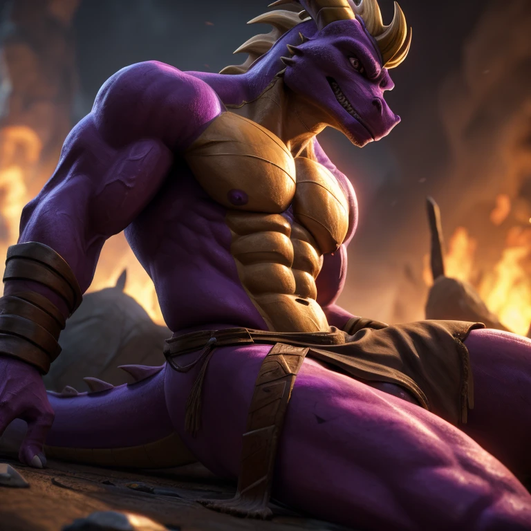 a highly detailed anthropomorphic male dragon, Spyro, muscular defined body, in battle, bulge in loincloth, testicles slightly visible under loincloth, bare chest muscles, adult, NSFW, hyperrealistic, 8K, photorealistic, cinematic lighting, dramatic, moody, fantasy, intricate details, sharp focus, award-winning digital art, in heat, dripping with sweat, gore, snuff, dying, lying on the ground, wounded