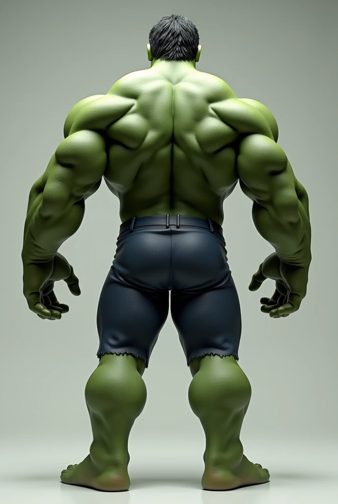 Can you make an image of NAKED hulk backwards to the camera, without pants, showing his green butt