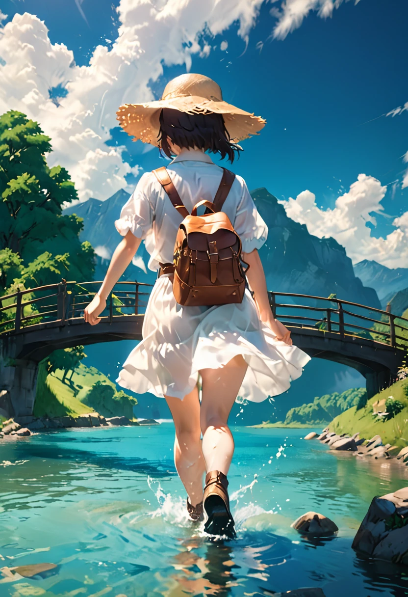 Blue sky and incoming clouds, bobbed-haired girl wearing straw hat, white shirt, white skirt, short brown boots, girl with khaki backpack, back view composition, walking in river, ankle-deep in water, clear water, beautiful water flow, shimmering splashes, wind blowing, Animated landscape of a bridge over a river with a sky background, beautiful animated landscape wallpaper, animated landscape, animated nature, animated nature wallpap, animated background art, animated background, beautiful peaceful scene, beautiful animated scene, wallpaper anime Blue Water, anime rural landscape, detailed landscape - width 672, landscape painting