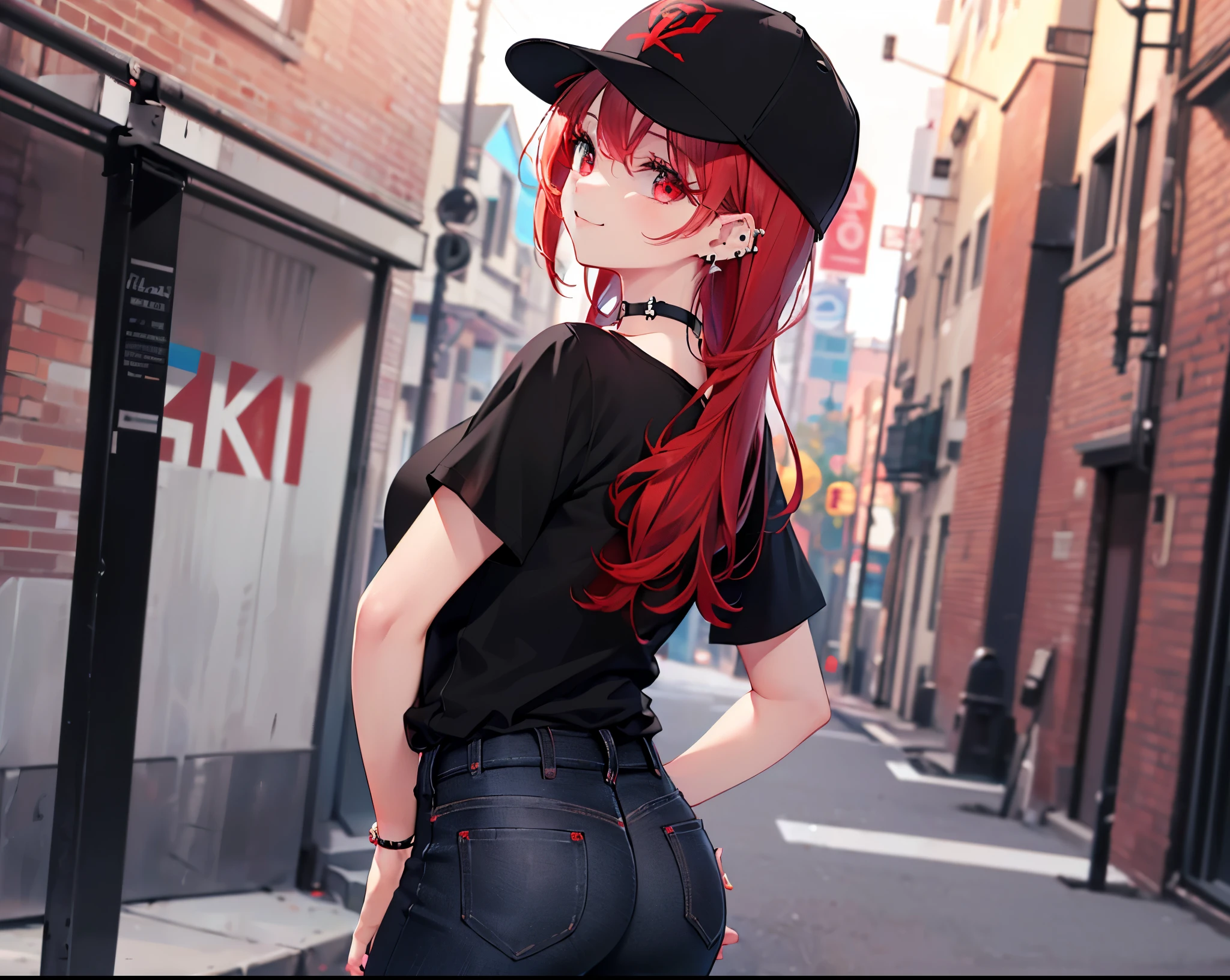 (Close-up:1.3),Realistic,Highest quality, Ultra Detail, High-quality CG rendering, The most delicate and beautiful, Floating softly, High resolution, (1 girl), (Highest quality,4K,8k,masterpiece:1.2),(All red hair:1.5), (semi-long:1.5),(Red eyes:1.5),(Slightly larger breasts:1.2), (Oversized black short sleeve t-shirt:1.5),(Black skinny jeans:1.5),(Black baseball cap:1.5),In the city,old buildings,Narrow back alley,smile,(Piercing in left ear:1.3),(Pitch black choker:1.5),(Turn your back to your audience:1.3),Butt