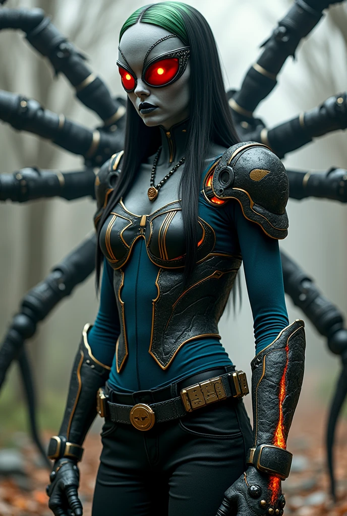 create a villain who is a 
Beautiful but also monstrous humanoid arachnid with long hair that reaches to the waist, tied in black with green highlights. He wears technological armor that covers his entire body with a design similar to Spiderman and has long sleeves. She has a dress vest and inside 
That also a blue long-sleeved t-shirt, also with black dress pants with black boots. He also has 6 completely red eyes and has spider legs on his back that are large and 
 He has a spider-shaped necklace. Their hands also have claws. His skin is gray. He also has green aviator glasses.  He also has a gauntlet on his left hand made of volcanic stone that has cracks through which the lava passes