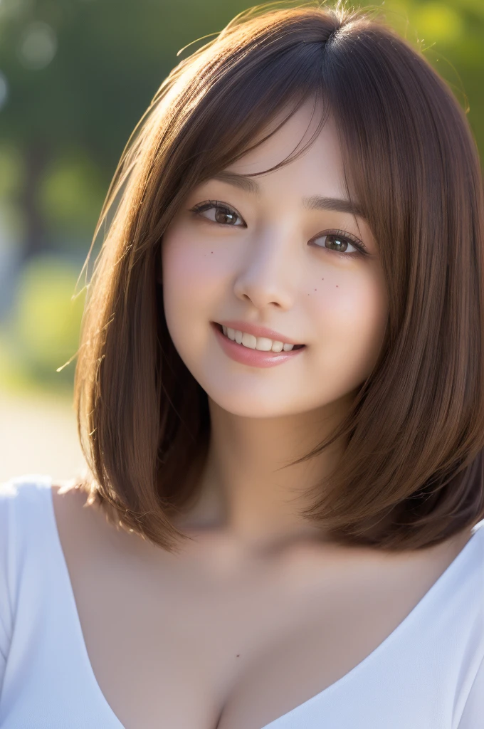 Brown-haired woman 30 years old、unclean、Lens flare、(8K、born、professional、highest quality、masterpiece:1.2)、(realistic、Photoreal:1.37)、super detailed、(best detailed skins:1.2)、(Supreme Detail Face:1.2)、movie lighting、1 female、Japanese、Short-cut brown hair、(the wind is strong)、warm white light、shy smile、Photographed from the front、((highest quality、8K、masterpiece:1.3))、beautiful woman with perfect figure:1.4、、((dark brown hair、big breasts:1.2))、Highly detailed face and skin texture、detailed eye、double eyelid、big breasts、gender Wearing a plain white round neck T-shirt Tokyo city whole photo Cafe