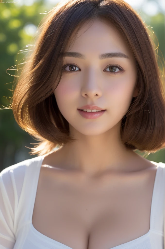  Brown-haired woman 30 years old、unclean、Lens flare、(8K、born、professional、highest quality、masterpiece:1.2)、(realistic、Photoreal:1.37)、super detailed、(best detailed skins:1.2)、(Supreme Detail Face:1.2)、movie lighting、1 female、Japanese、Short-cut brown hair、(the wind is strong)、warm white light、shy smile、Photographed from the front、((highest quality、8K、masterpiece:1.3))、beautiful woman with perfect figure:1.4、、((dark brown hair、big breasts:1.2))、Highly detailed face and skin texture、detailed eye、double eyelid、big breasts、gender　Wearing a plain white round neck T-shirt　Tokyo city　whole photo　Cafe