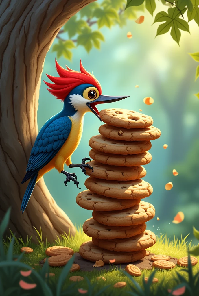 A woodpecker eating 7 cookies at the same time
