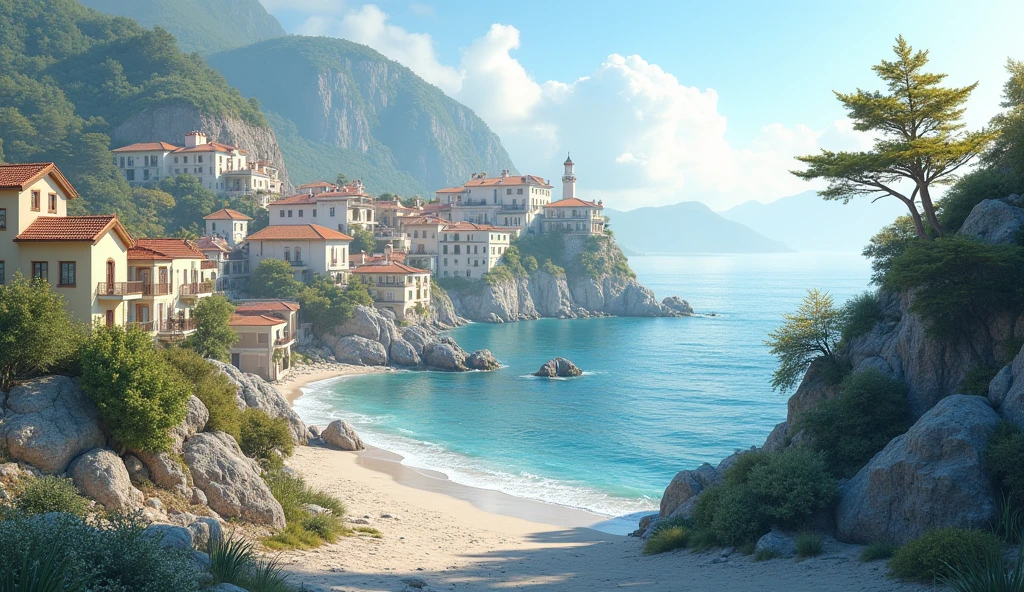 landscape　town　white　Seaside　 150mm, Beautiful studio soft light, Very detailed (Realistic, photo-Realistic:1.37),wonderful, Every detail