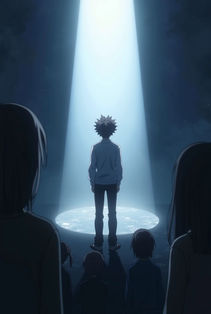 anime style, a person being hit by a glare of light with shadows of other people in the background, Focus more on the protagonist