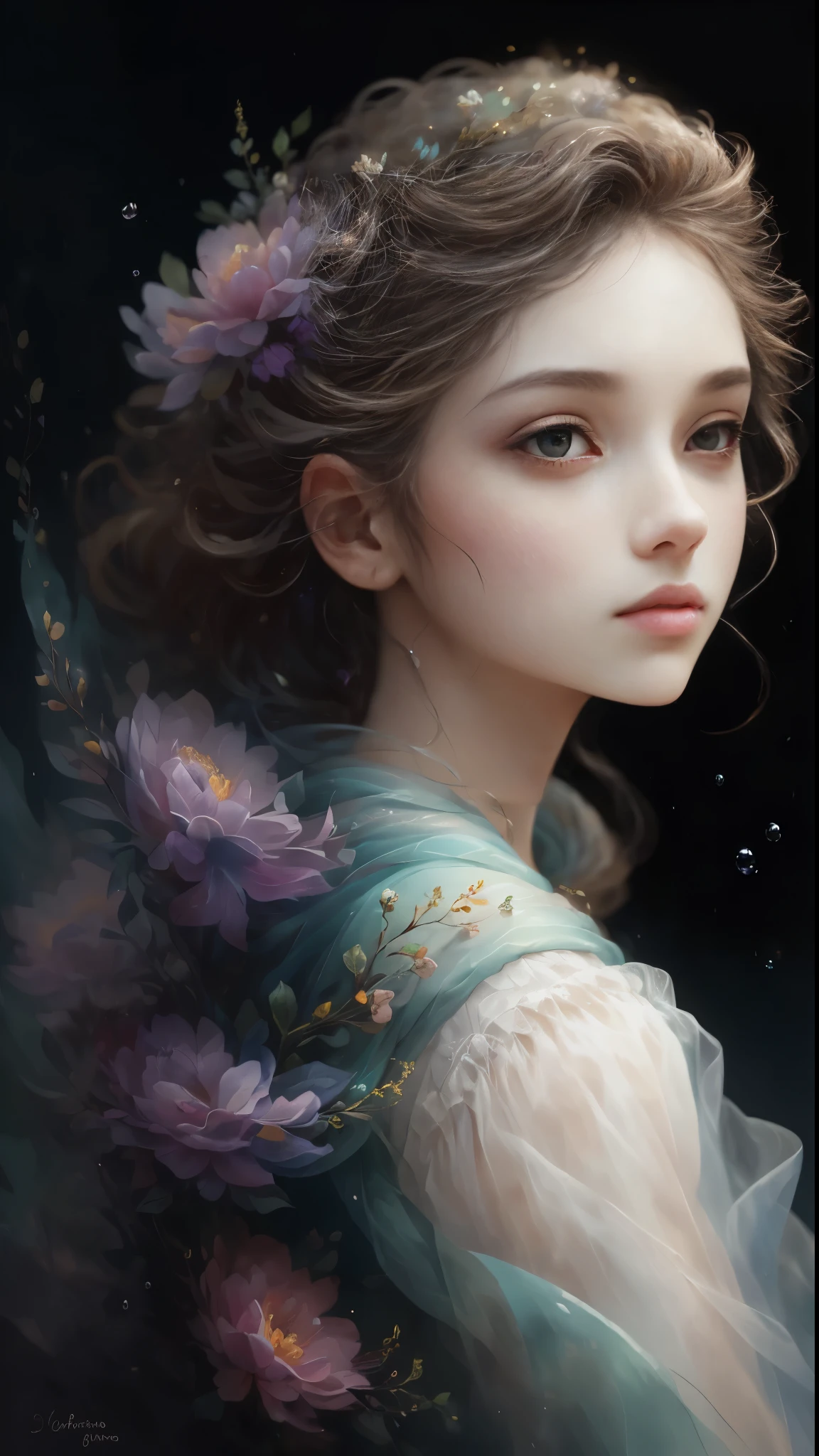 (Best quality, 4K, 8K, A high resolution, Masterpiece:1.2), Ultra-detailed, Realistic portrait, Beautifully detailed eyes, beautiful detailed lips, Detailed expression, Graceful posture, subtly lit, Dreamy atmosphere, Dark-toned background, expressive brush strokes, mystical ambiance, Artistic interpretation, Stunning Studio Ghibli style costumes, a whimsical illustration, Subtle colors and tones, mystical aura,