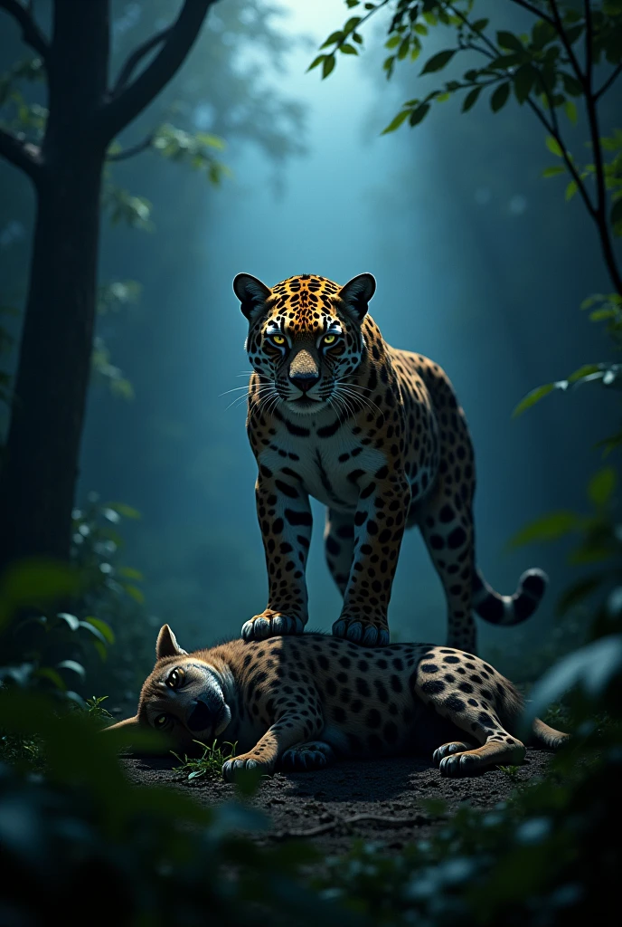 A majestic jaguar standing triumphantly over a defeated hyena in a dense, dark jungle. The jaguar's powerful muscles are highlighted under a beam of moonlight filtering through the canopy, with its piercing eyes glowing in the dark. The hyena lies on the ground, showing signs of defeat, surrounded by lush foliage. The scene is dramatic, with a misty atmosphere, capturing the intense moment of victory. The style is reminiscent of Midjourney, with detailed textures, high contrast, and a cinematic feel.The Spotted hyena lying on the ground
