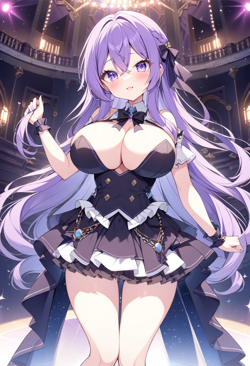 junnyan, 1girl, long hair, purple hair, purple eyes, ,live stage,  , (large breasts:1.2)  whole body　, palace
