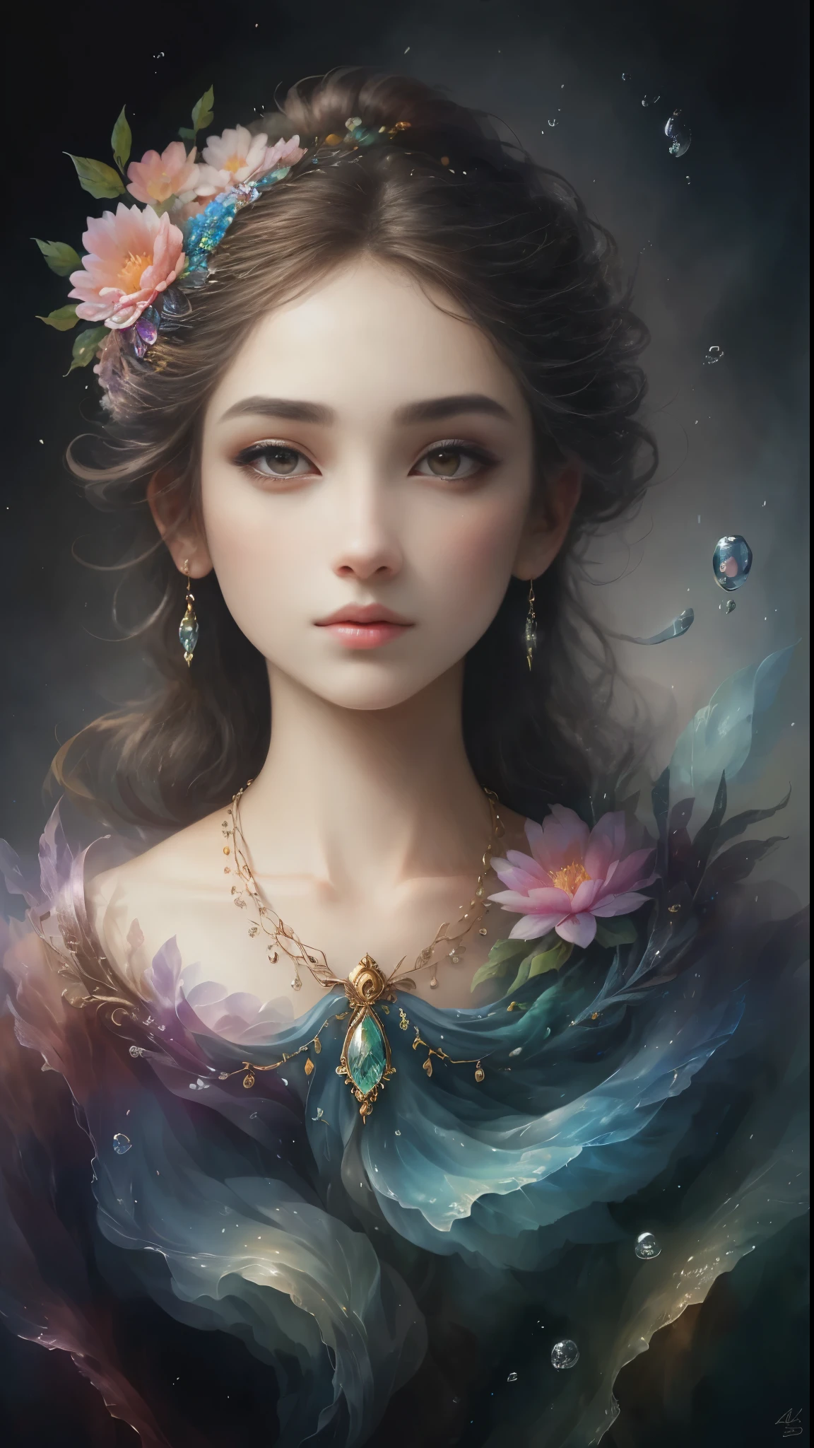 (Best quality, 4K, 8K, A high resolution, Masterpiece:1.2), Ultra-detailed, Realistic portrait, Beautifully detailed eyes, beautiful detailed lips, Detailed expression, Graceful posture, subtly lit, Dreamy atmosphere, Dark-toned background, expressive brush strokes, mystical ambiance, Artistic interpretation, Stunning Studio Ghibli style costumes, a whimsical illustration, Subtle colors and tones, mystical aura,