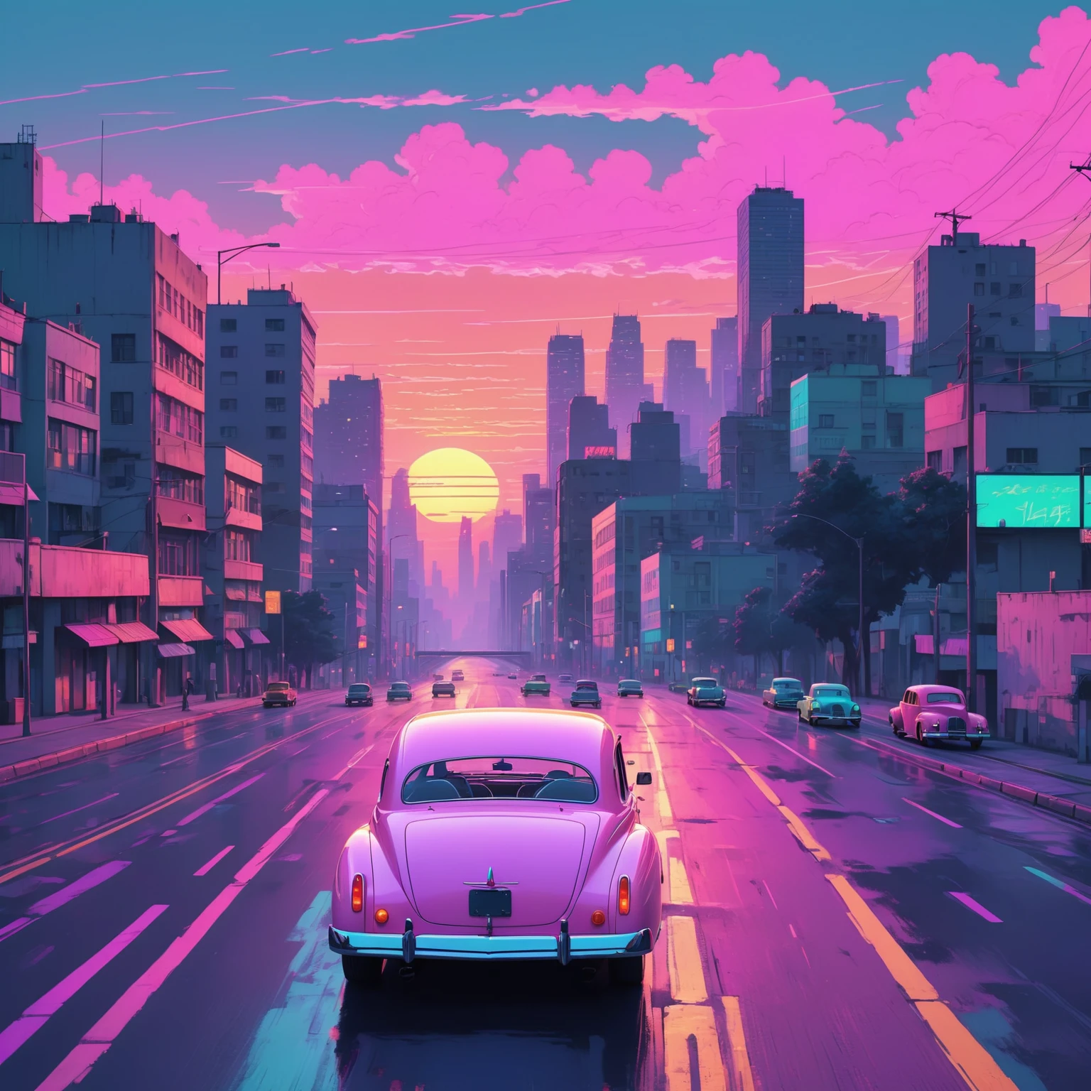 Vaporwave aesthetics, Neon and pastel palette, Big city landscape, Sunset in the background, Road parallel to the riverbank, A 1940s car drives down the road, Minimalist art design, Very detailed, 8k resolution, Isoscale