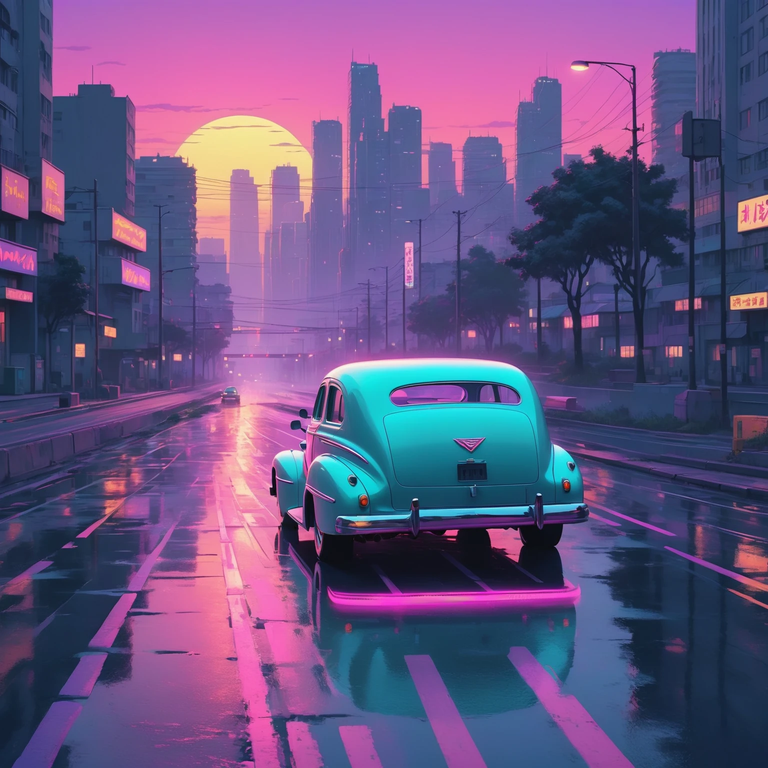 Vaporwave aesthetics, Neon and pastel palette, Big city landscape, Sunset in the background, Road parallel to the riverbank, A 1940s car drives down the road, Minimalist art design, Very detailed, 8k resolution, Isoscale