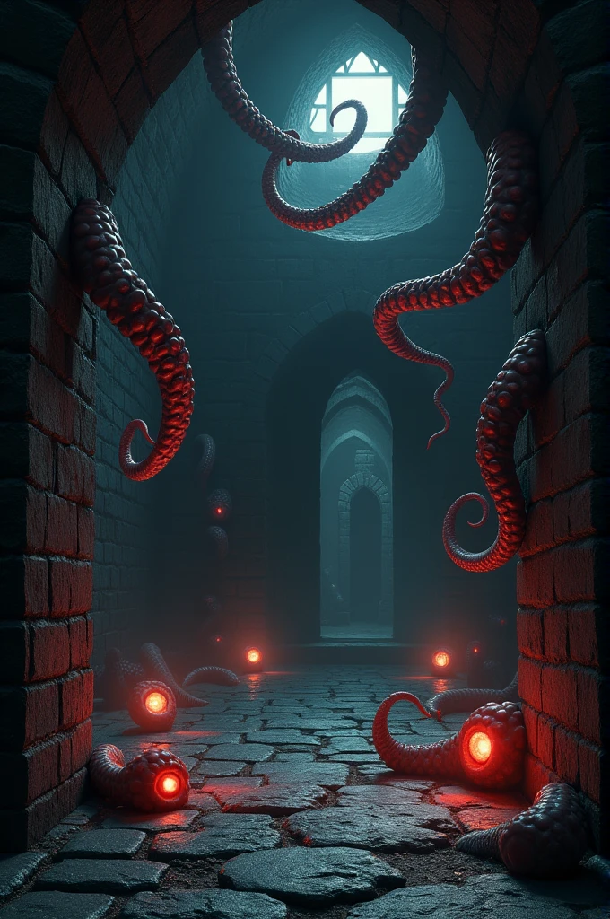 Create a medieval room with red eyes on the floor and octopus tentacles coming out of the walls