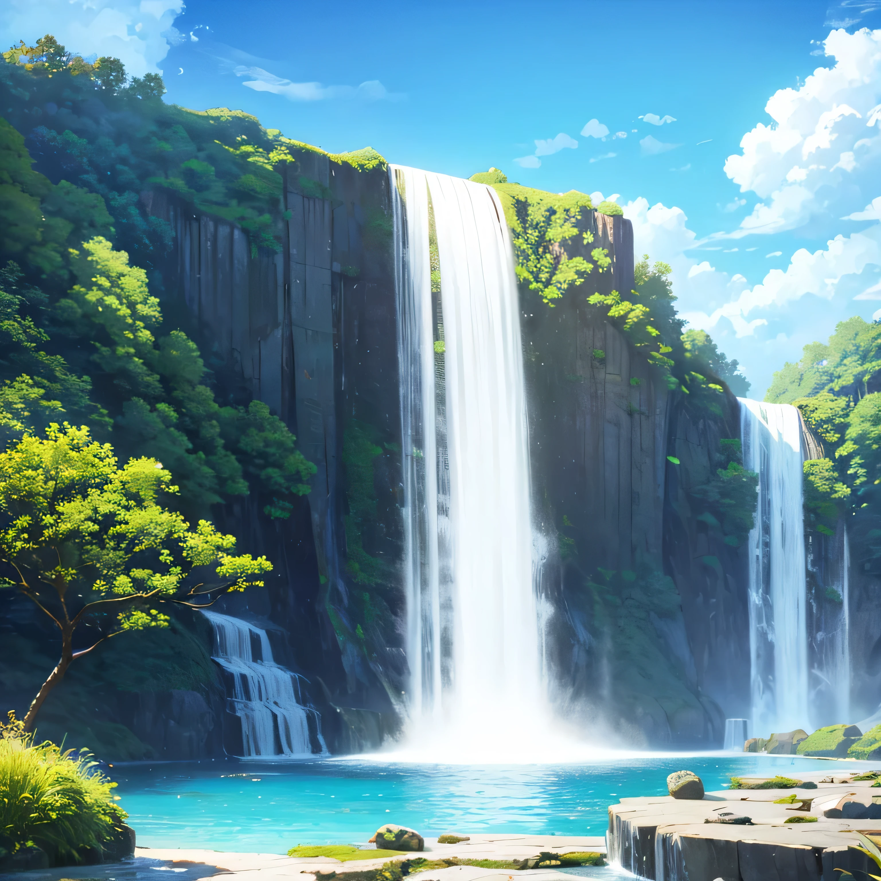 outdoors, waterfall, in water, day, blue sky, no human
