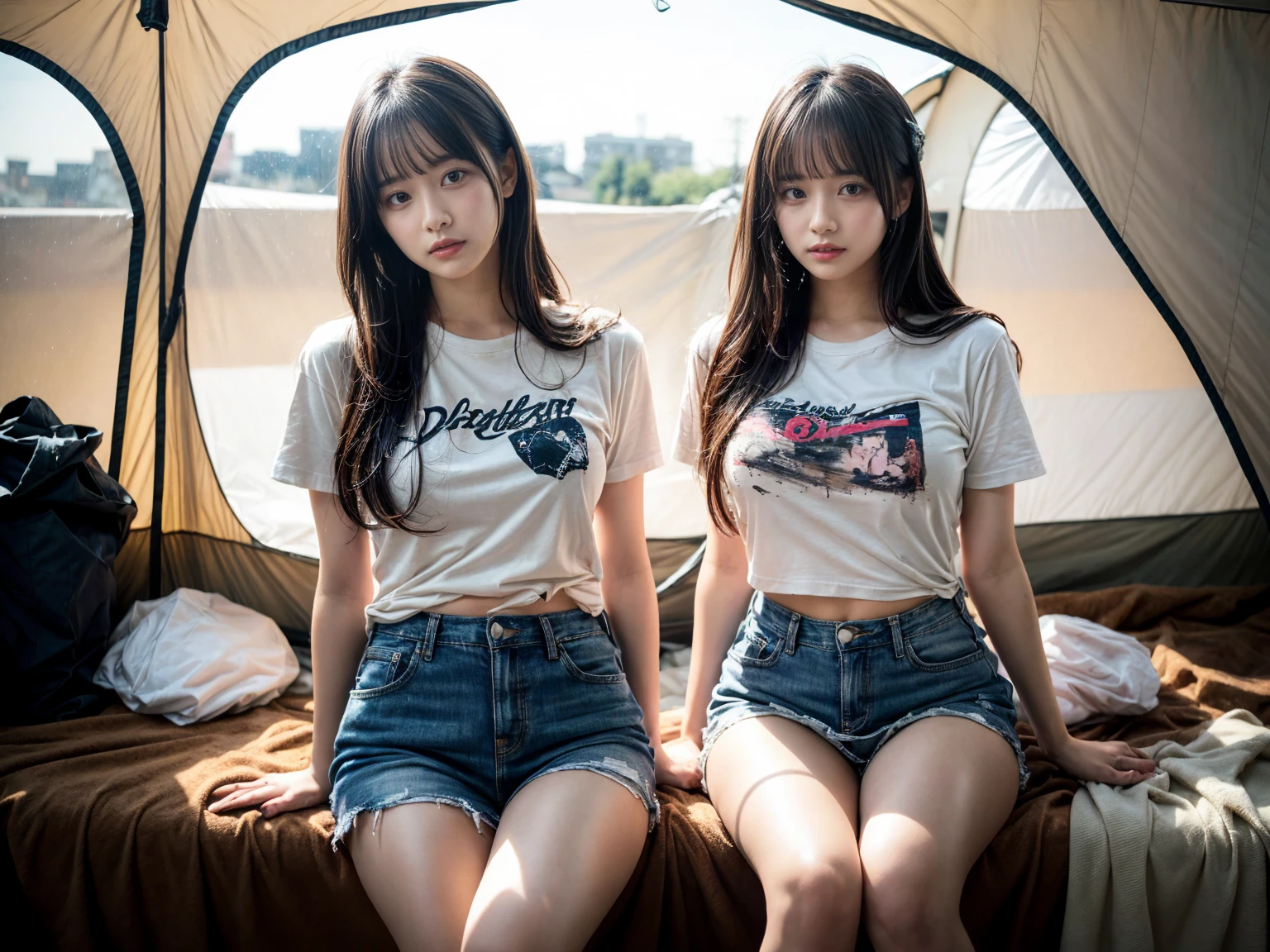 masterpiece, best quality, illustration, Super detailed, fine details, High resolution, 8K,wall paper, perfect dynamic composition,(Details High quality, realistic depiction of eyes:1.3), (2 girls), Tattered clothes, (The collapsed room), (Inside the barrack tent), (wearing a tattered and dirty t-shirt.:1.1), Wearing baggy pants, dirty body, (Messy long hair), black hair color, Big Natural Color Lip, crying a little、cold gaze, Harajuku style、20 year old girl、cute type、ta, Gravure Idol, full body photo、focus on crotch, huge breasts