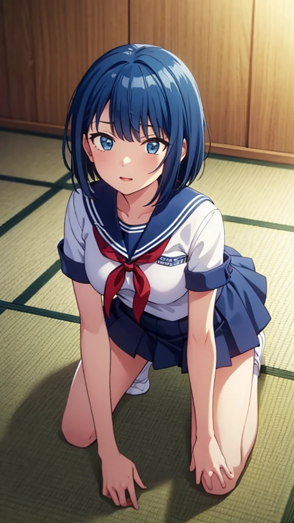 ((masterpiece, Highest quality, Very detailed, Very nice 8K CG wallpaper)), , A little thick, Medium Hair, Blue Hair, short hair, blue eyes,judo player、saylor styled uniform、Large bust、Sailor suit、mini skirt、judo、Cute expression、Inside the judo Gymnasium、、On the tatami、discovery、One Girl、whole body、rest、Haruka Kiritani、Bust Size C Cup、幼い頃judo家によって育てられた