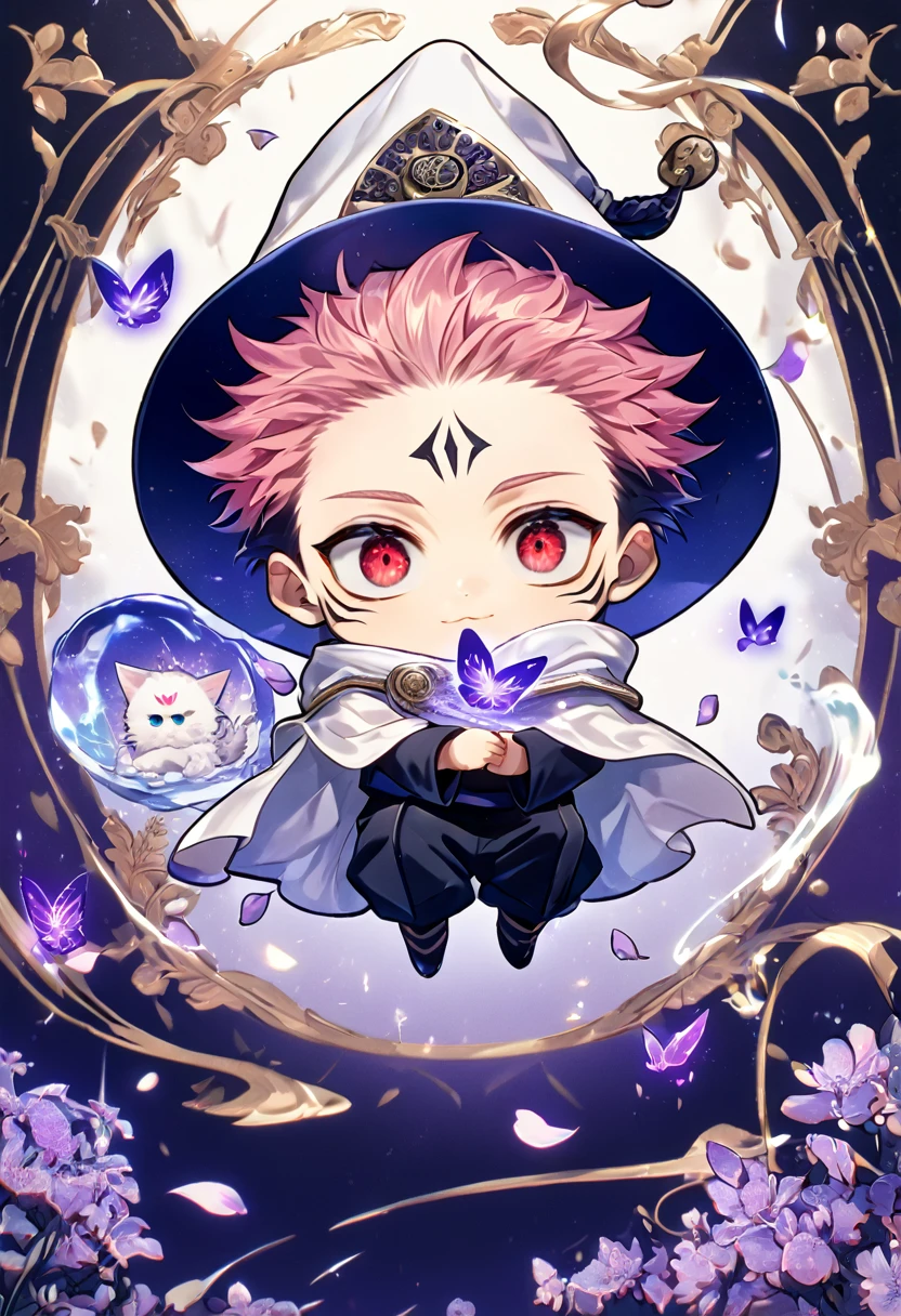 Ultra detailed, HDR, Highres, absurdres, master piece, Ryoumen Sukuna chibi, pink hair, expressive red eyes, white magic hat, white cape, Jujutsu Kaisen, cute, adorable, holding a white fluffy cat, purple flowers, petals, fantasy, magical, purple leaves, best quality, glittering, water, purple shining fireflies, solo, small purple butterflies,