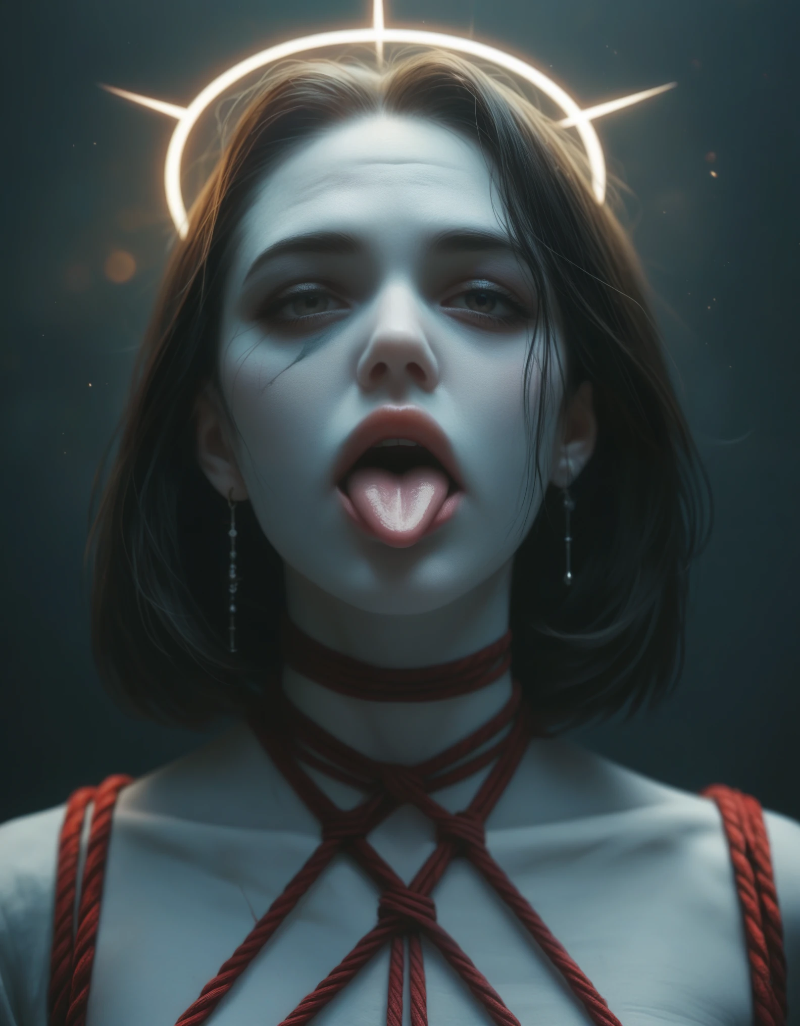 Monochromatic, surreal illustration featuring a head with a black, textured surface, devoid of facial features. The head is encircled by a white halo-like ring, creating a stark contrast against the dark background. The mouth is open wide, revealing a tongue with a piercing. The neck is wrapped with multiple ropes, adding to the eerie and unsettling atmosphere of the image. The overall composition is minimalistic yet striking, with a focus on the disturbing and abstract nature of the subject, anime, anatomicamente correto, super detalhado, alta qualidade, 4K