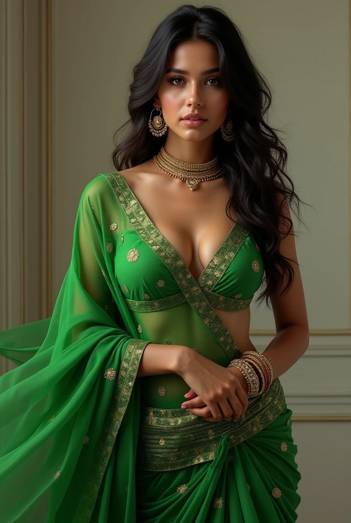 Ai realistic indian green saree hot show Navel show cleavage big ass half nude